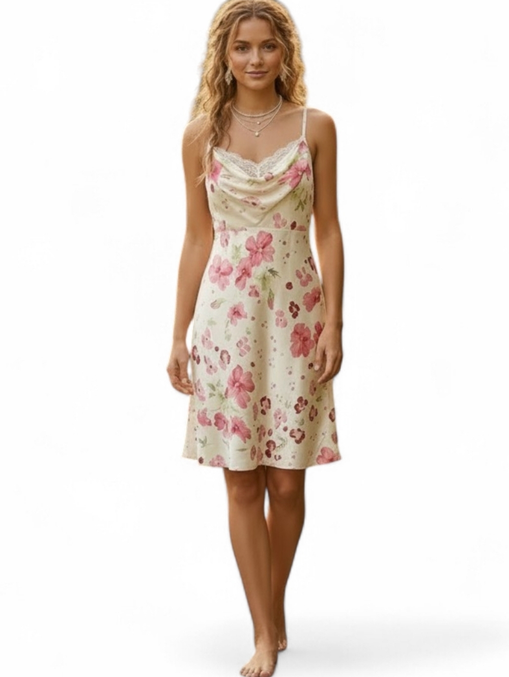 Y2K 90's Festival Vtg Babydoll Silky Floral Slip Dress Cowl Neck Sequin Lace XL